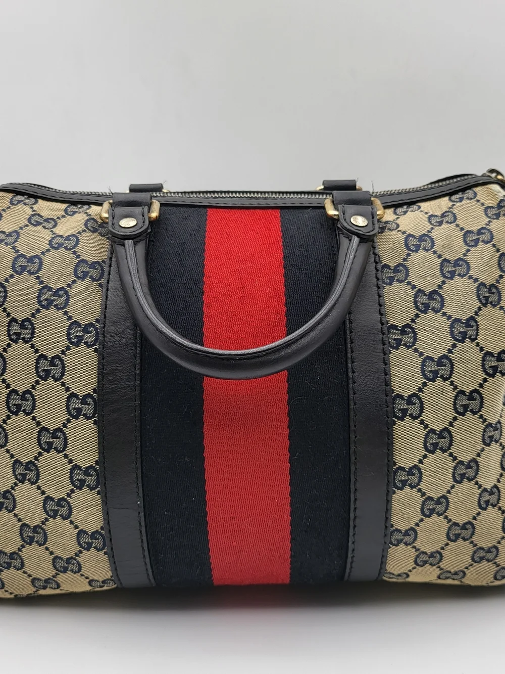 GUCCI Monogram Selleria Calfskin Vintage Web Medium Boston Black, Auth. w/COA..